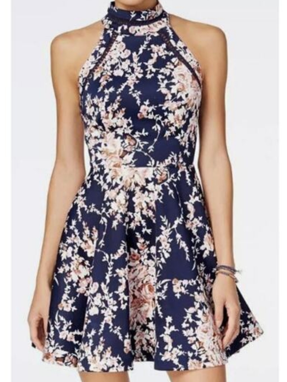 B Darlin Floral Halter Skater Fit And Flare Dress - Navy Tan Size 1/2